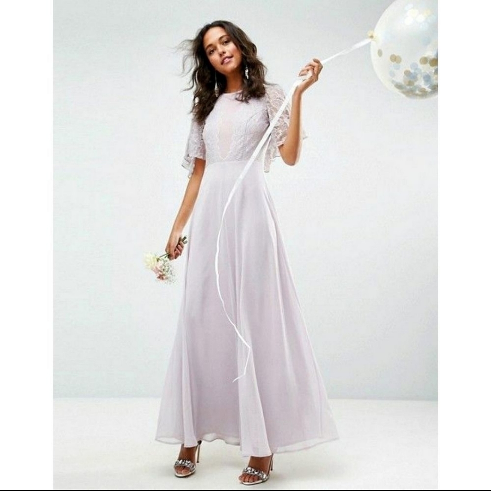 ASOS lilac bridesmaid prom applique lace maxi dress.  Flutter lace sleeves